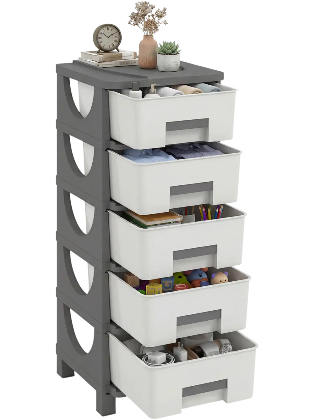 Compact gray plastic storage organizer with five drawers and spacious tabletop for efficient bedroom organization.