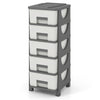 Gray plastic storage organizer with four drawers and handles, designed for compact bedroom or living room use.