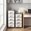 Compact gray plastic storage organizer with handles, featuring six drawers and a spacious tabletop for efficient.