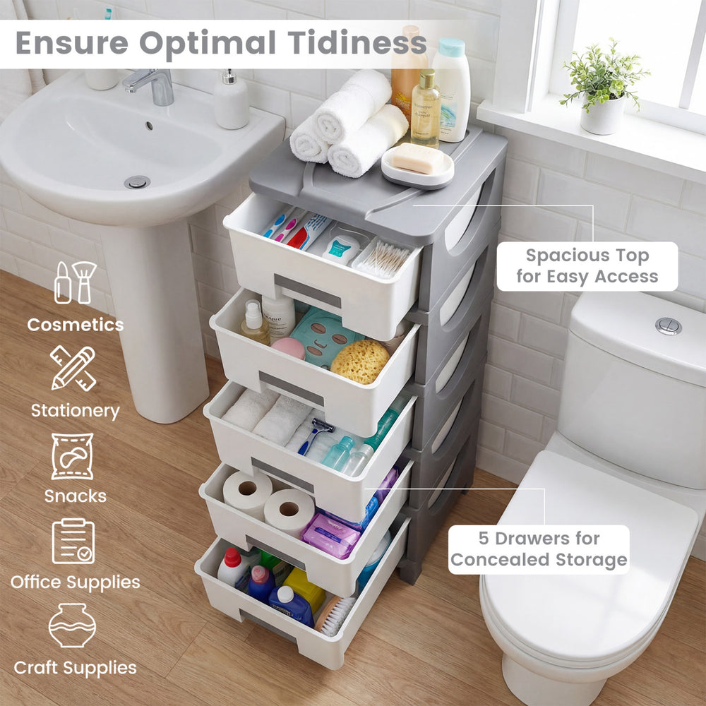 Gray plastic storage organizer with handles, featuring five drawers and a spacious top for easy access in small spaces.