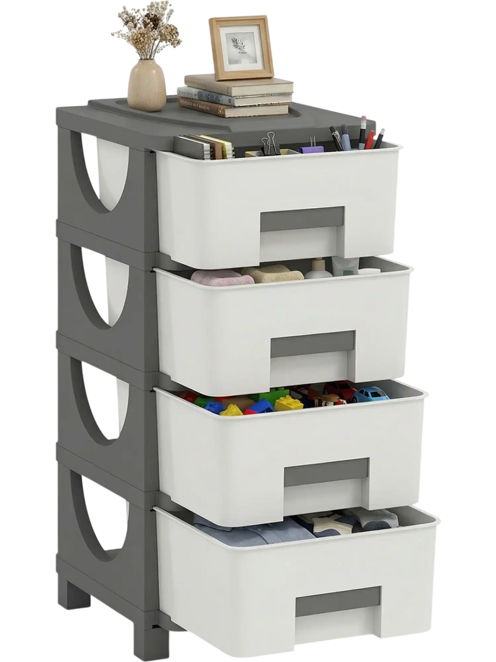 Plastic storage organizer with four drawers and a spacious gray tabletop, ideal for compact bedroom spaces.