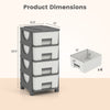 Plastic storage organizer with four drawers in gray, featuring compact design and spacious tabletop for bedroom use.