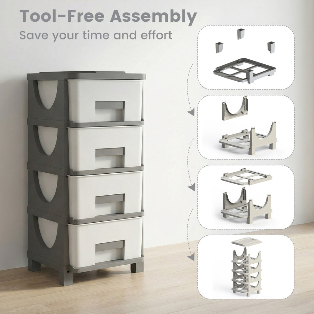 Plastic storage organizer with compact drawer cabinet in gray, featuring tool-free assembly and waterproof surface for.