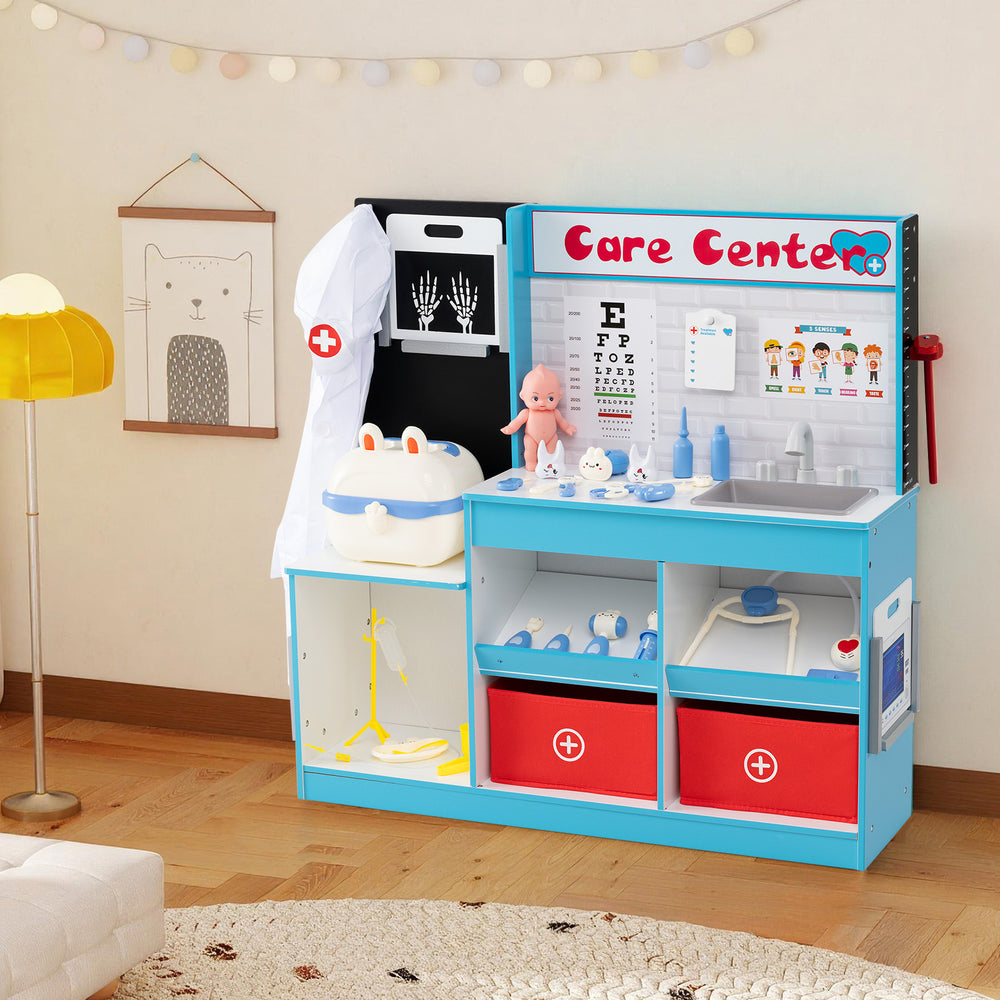 Play Doctor's Office Wood Medical Center Toy Set in blue with examine region, sink, and 29 medical accessories for role.