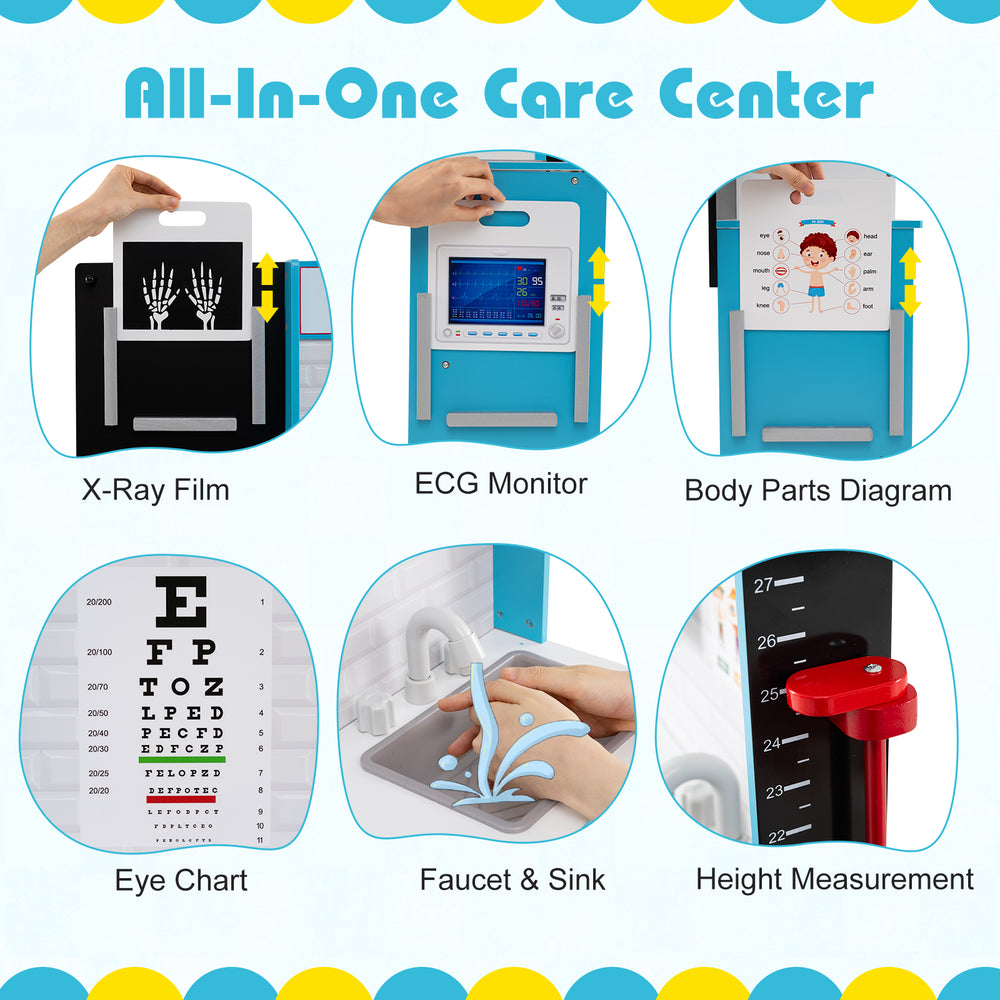 All-in-one blue medical center toy set featuring an eye chart, height measurement, faucet, and removable X-ray film.