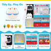 Wood medical center toy set in blue with open compartments, shelves, and a medical carrying case for imaginative play.