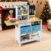 Wooden medical center toy set with sink, storage drawers, and blackboard for imaginative play in a safe design.