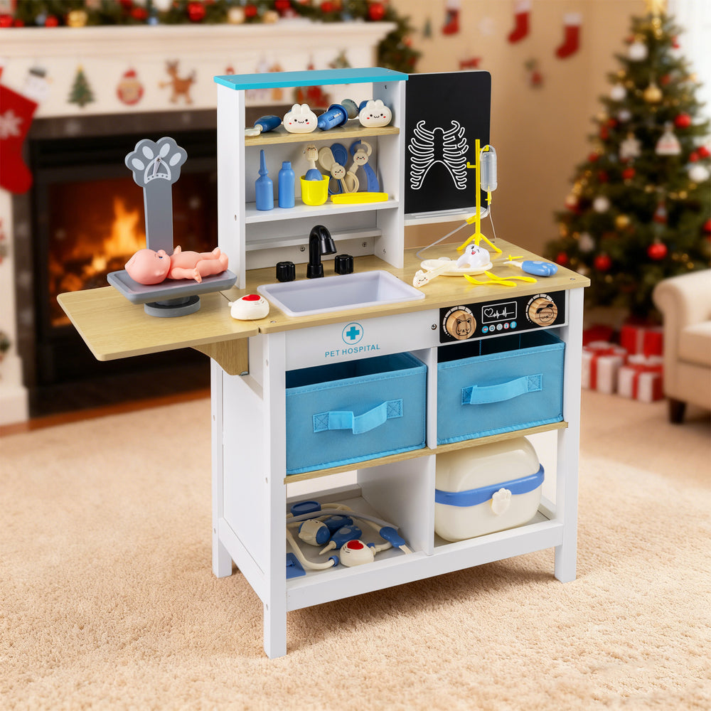 Wooden medical center toy set with sink, storage drawers, and blackboard for imaginative play in a safe design.
