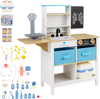 Wood medical center toy set with blackboard, sink, storage drawers, and various medical accessories for imaginative.