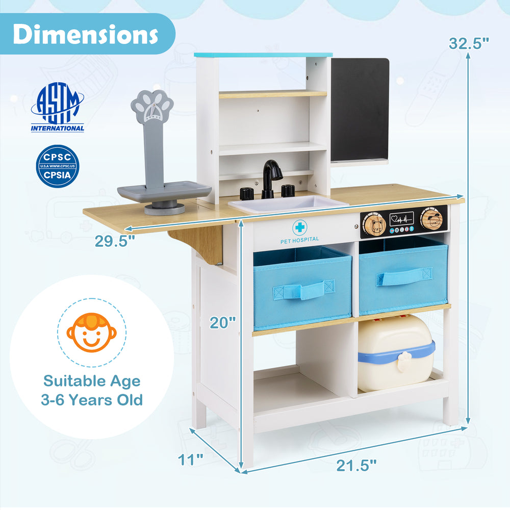 Wooden medical center toy set with blackboard, sink, and storage drawers for kids aged 3-6 years old.