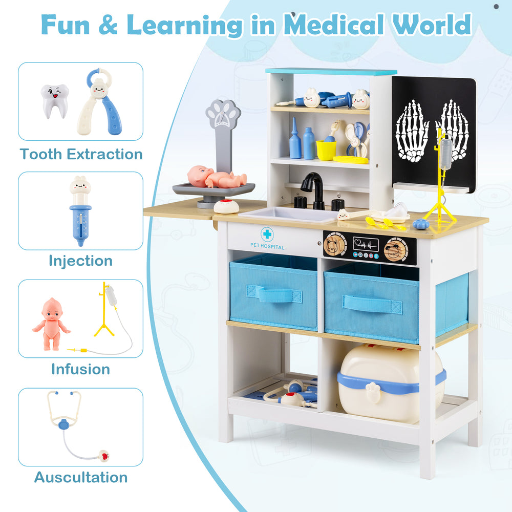 Wooden medical center toy set with blackboard, featuring pet scale, sink, and storage for pretend play activities.