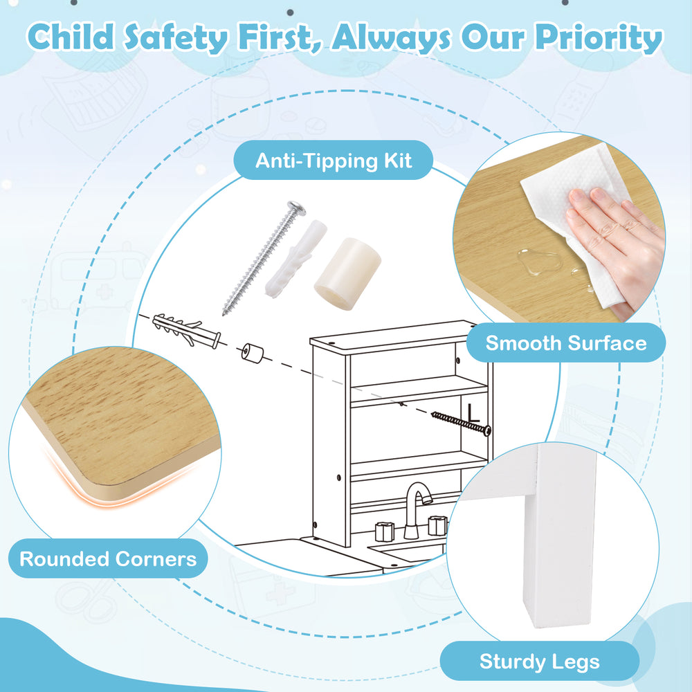 Play Doctor's Office Wood Medical Center Toy Set with rounded corners, sturdy legs, and anti-tipping kit for child.