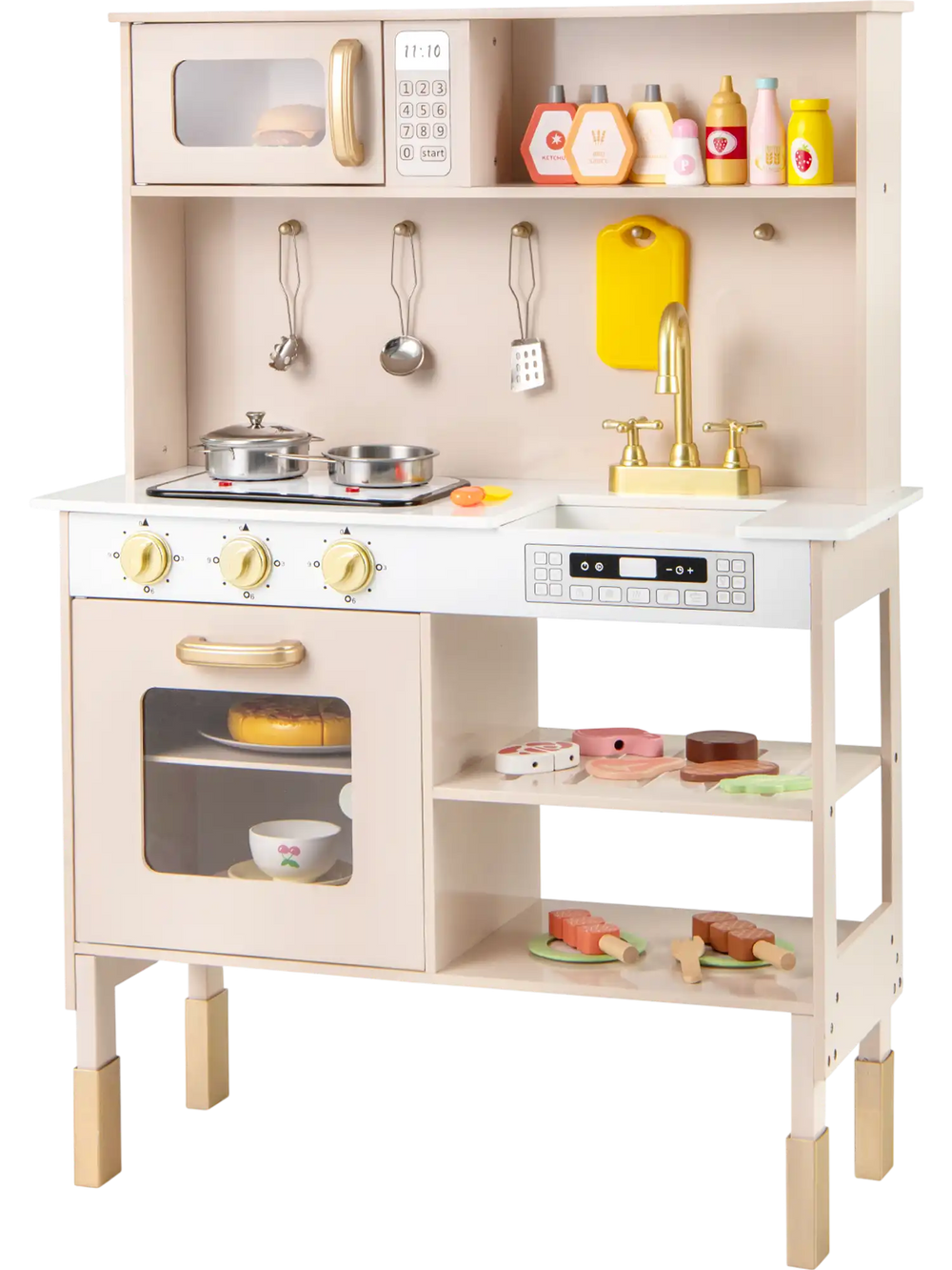 Height-adjustable pink play kitchen with dual stoves, microwave, and lights, featuring ample storage and accessories.