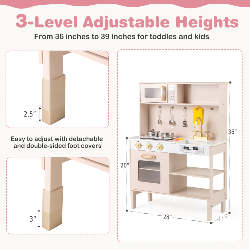 Height adjustable play kitchen in pink with microwave, dual stoves, and rich accessories for imaginative role-playing.