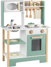 Wooden play kitchen set in green with chalkboard, stove, sink, and storage for kids aged 3+, perfect for imaginative.