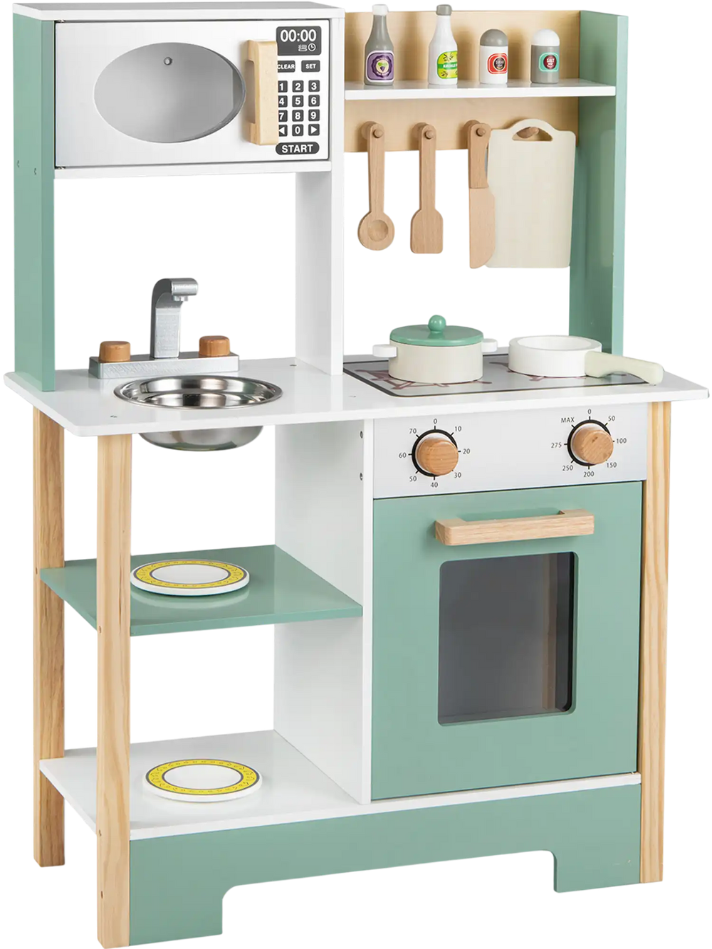 Wooden play kitchen set in green with chalkboard, stove, sink, and storage for kids aged 3+, perfect for imaginative.