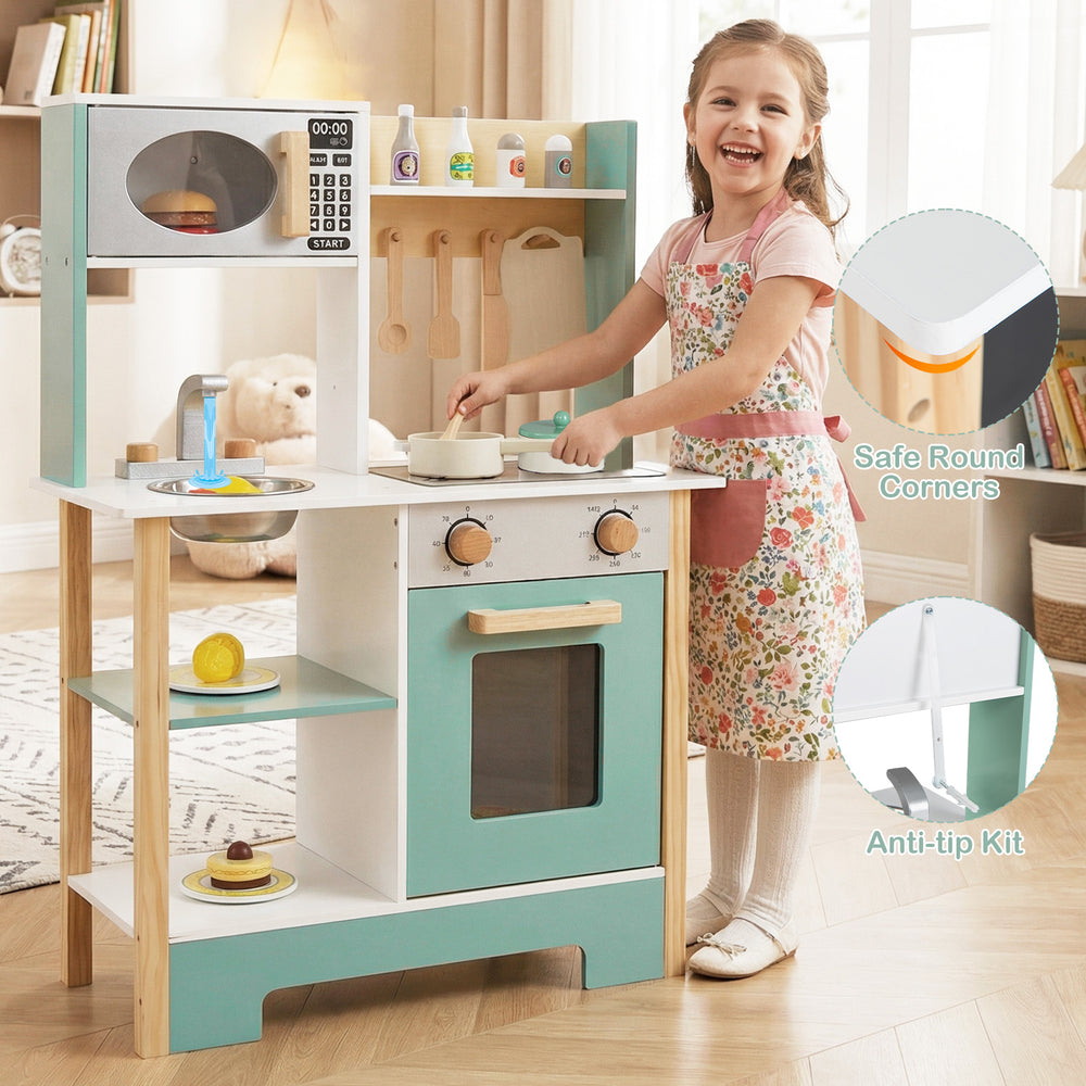 Wooden play kitchen set in green with chalkboard, safe round corners, and ample storage for kids aged 3+.