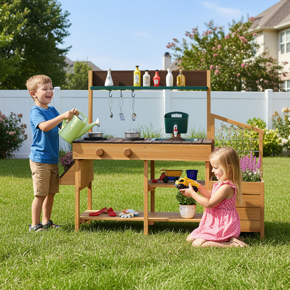 Wooden play kitchen for kids with removable sink, stoves, and planter boxes, ideal for outdoor imaginative play.