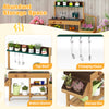 Wooden toy kitchen playset with top shelf, hanging hooks, and storage boxes for imaginative play and organization.