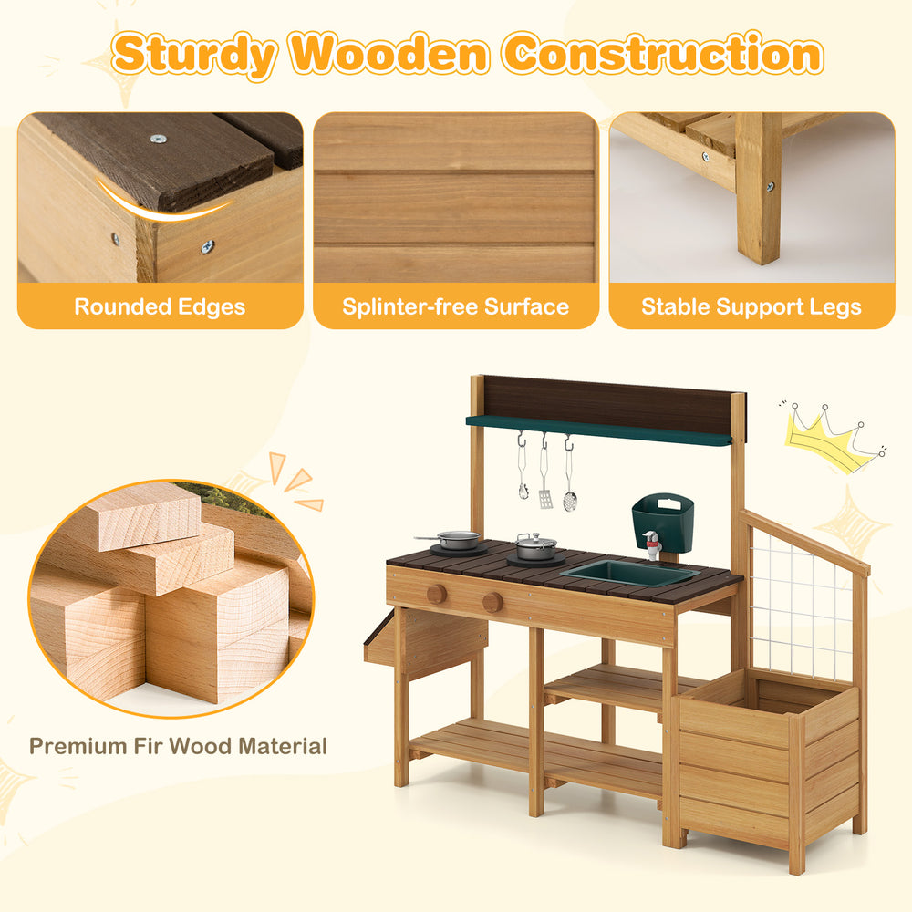 Wooden play kitchen for kids featuring a removable sink, sturdy fir wood construction, and ample storage for.
