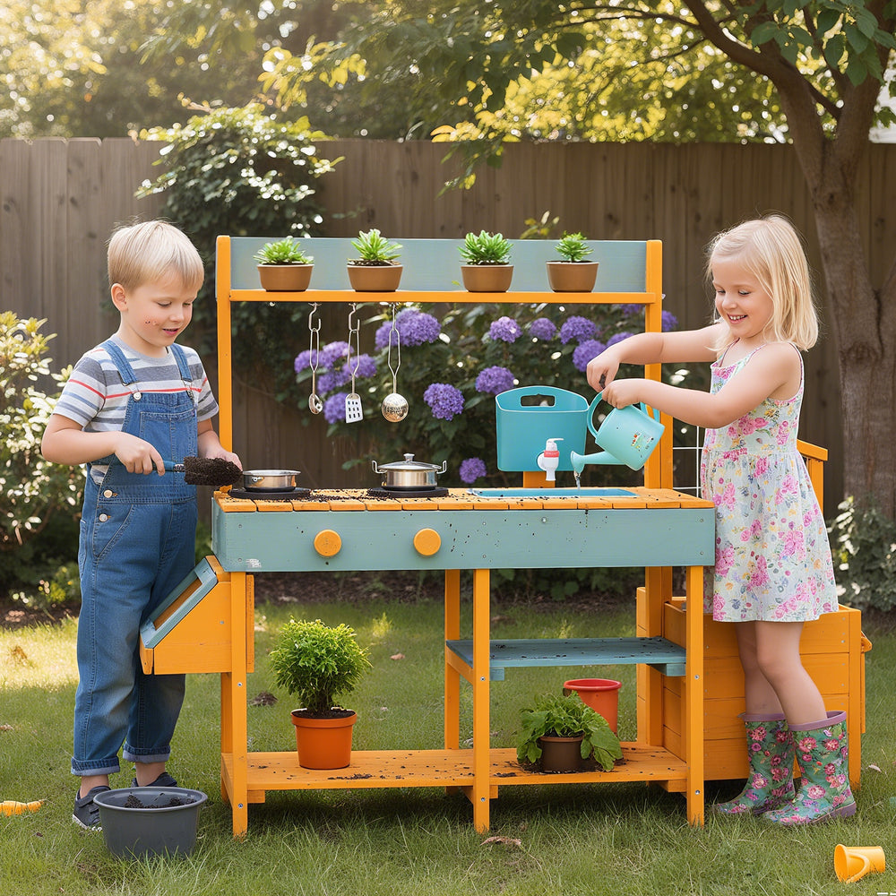 Play Kitchen for Kids Wooden Toy Kitchen Playset Pretend Mud Kitchen-Yellow - Gallery View 1 of 11