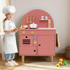 Wooden play kitchen set in pink with stove, sink, and accessories, designed for kids aged 3+, promoting creativity and.