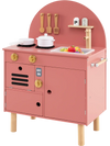 Wooden pink play kitchen for kids featuring stoves, sink, and storage, designed for imaginative cooking fun.
