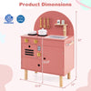 Kids wooden play kitchen set in pink with stoves, sink, and storage, perfect for imaginative cooking fun.