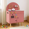 Wooden play kitchen set in pink with stove, sink, and microwave, designed for kids aged 3+, promoting creativity and.