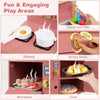 Wooden play kitchen set in pink featuring stoves, microwave, oven, faucet, and sink for imaginative cooking fun.