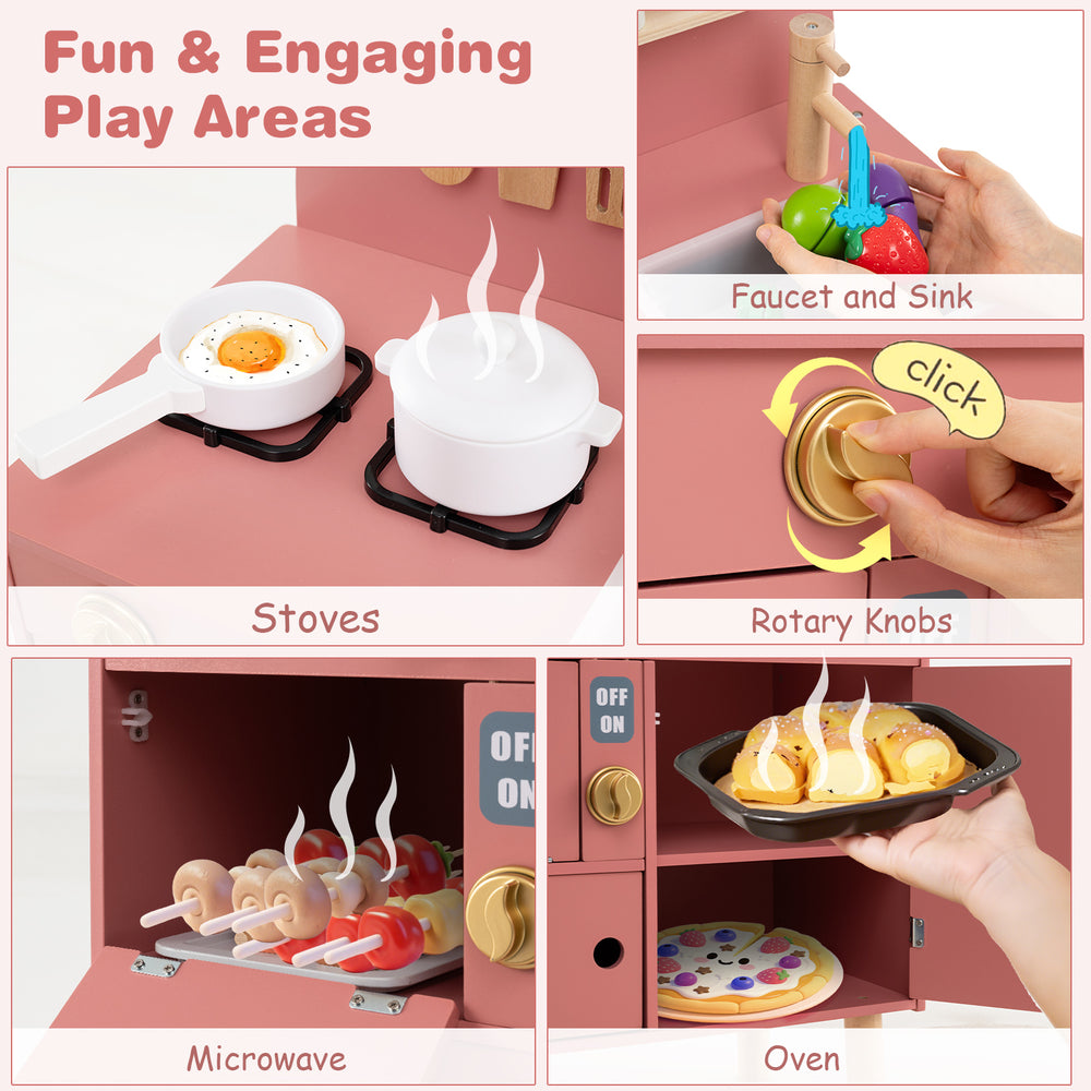 Wooden play kitchen set in pink featuring stoves, microwave, oven, faucet, and sink for imaginative cooking fun.