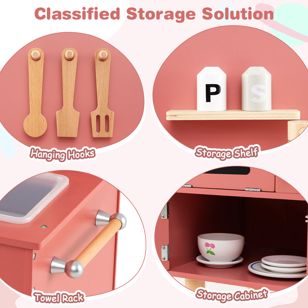 Wooden kitchen playset with storage shelf, hanging hooks, towel rack, and cabinet for organized play in pink.