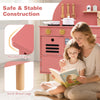 Wooden play kitchen set in pink with stoves, sink, and solid wood legs, designed for safe imaginative play for kids.