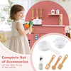Wooden play kitchen set in pink with stove, sink, and accessories, designed for kids aged 3+, promoting imaginative.