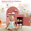 Wooden play kitchen set in pink with stove, sink, and oven, promoting creativity and social skills for kids aged 3+.