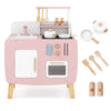 Wooden play kitchen set with stoves, sink, and oven, pink design for imaginative play and ample storage for kids.