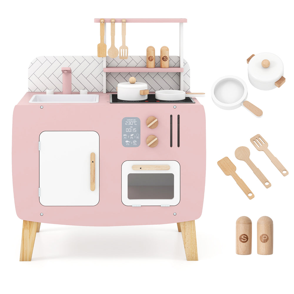 Wooden play kitchen set with stoves, sink, and oven, pink design for imaginative play and ample storage for kids.