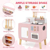 Kids wooden play kitchen set with stoves, sink, and ample storage space for toys and accessories, promoting imaginative.