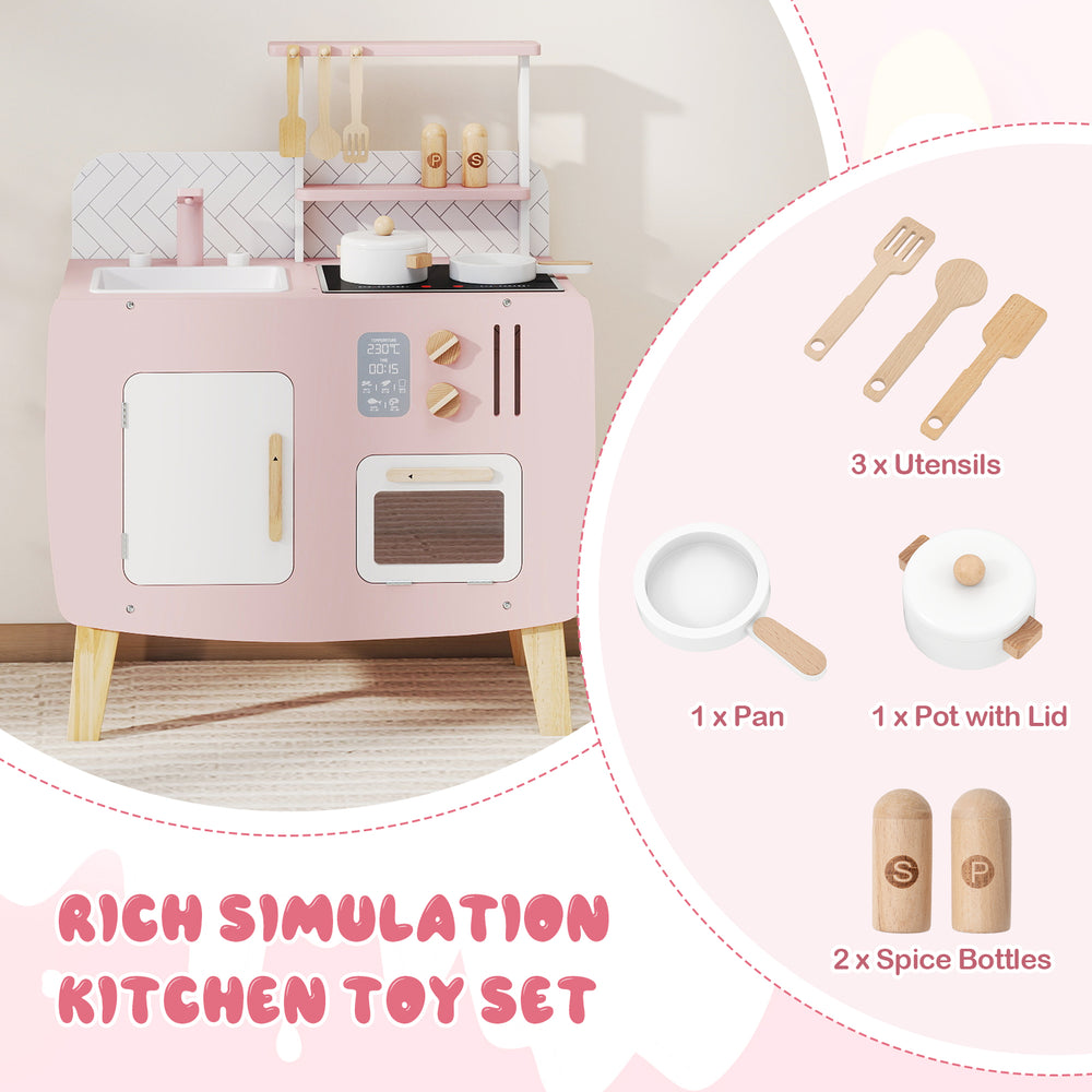 Wooden kitchen playset featuring stoves, sink, and oven, designed for kids' imaginative cooking play and safety.