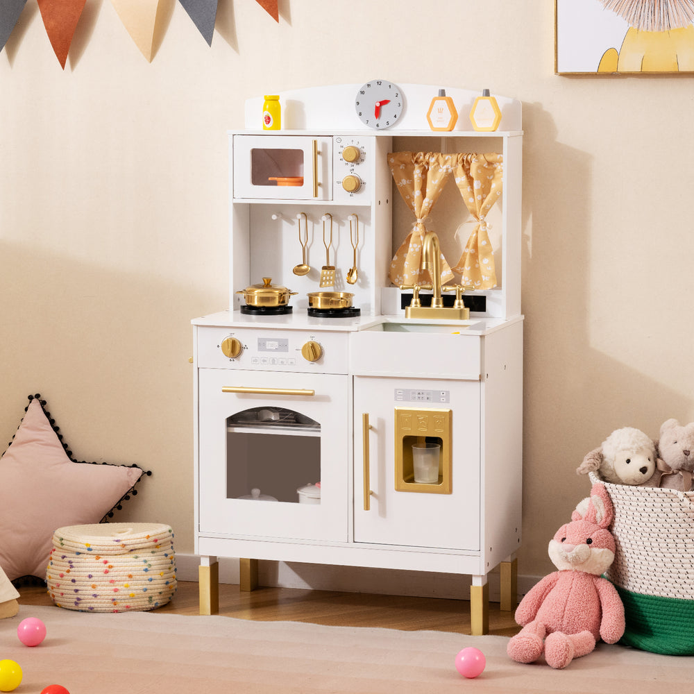 Kids' wooden play kitchen set with adjustable height, microwave, and realistic accessories for imaginative cooking fun.