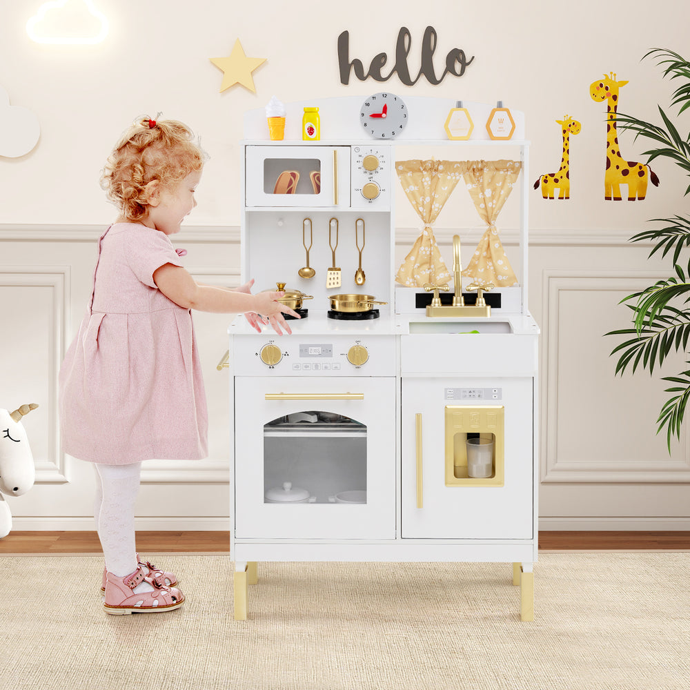 Wooden play kitchen for kids with adjustable heights, featuring a microwave, sink, and realistic cookware for.