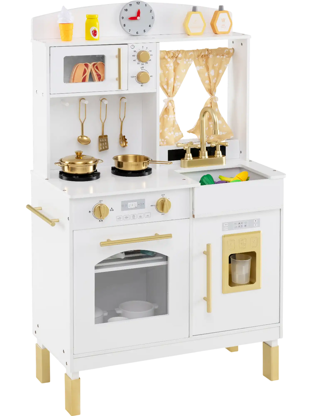 Wooden play kitchen for kids with adjustable heights, microwave, and cookware accessories for imaginative cooking fun.