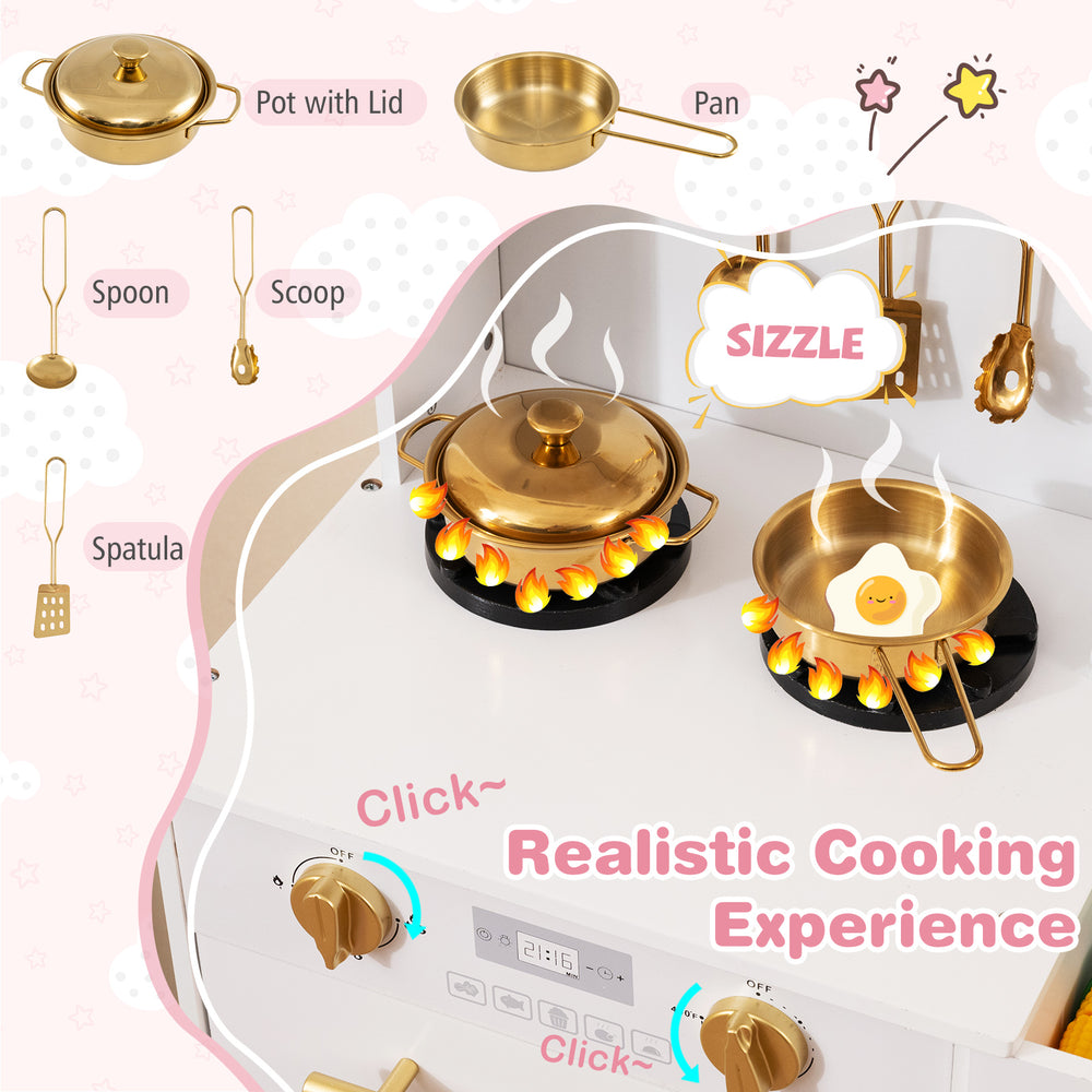 Gold cookware set including a pot and pan on a play kitchen, designed for kids' realistic cooking experience.