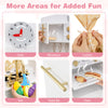 Colorful play kitchen features a clock, microwave, sink, and oven for imaginative cooking fun, adjustable for kids'.