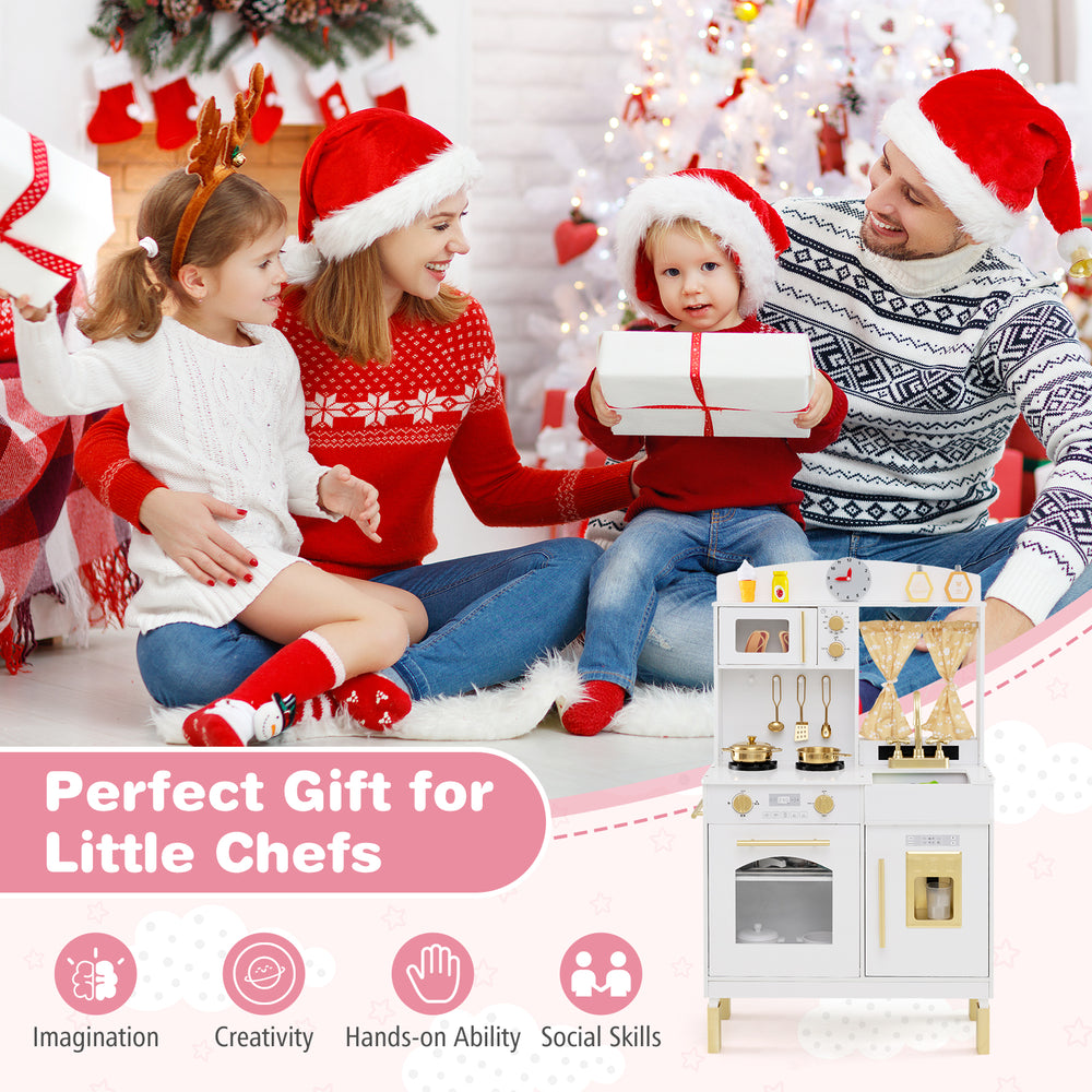 Wooden play kitchen set for kids with adjustable heights, microwave, and realistic cookware for imaginative cooking fun.