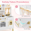 Play kitchen safety features include rounded edges and an anti-toppling device for secure pretend play.