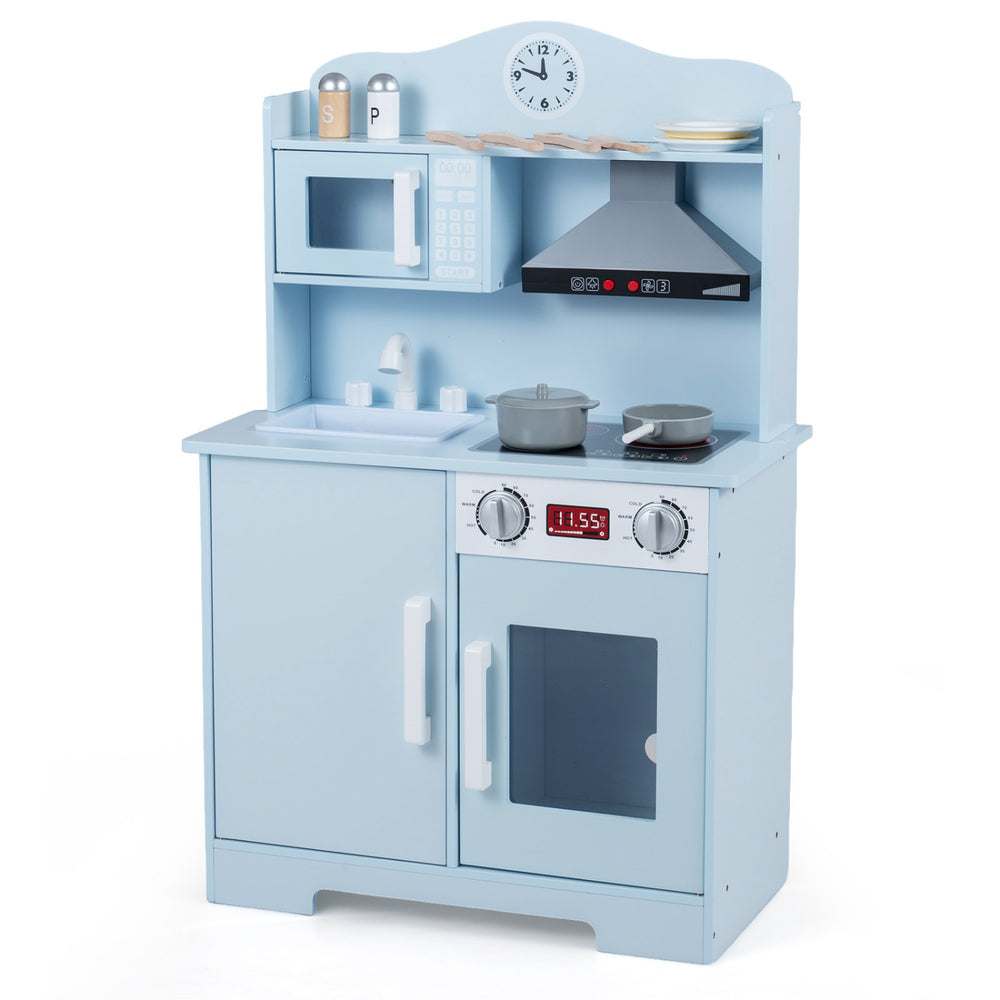 Play Kitchen for Kids Wooden Playset with Range Hood and Microwave-Blue - Gallery View 1 of 1