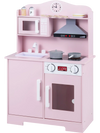 Wooden pink play kitchen set with range hood, microwave, and realistic stovetop for imaginative cooking role-play.