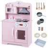 Wooden pink play kitchen set with range hood, microwave, and cookware accessories for realistic pretend cooking fun.