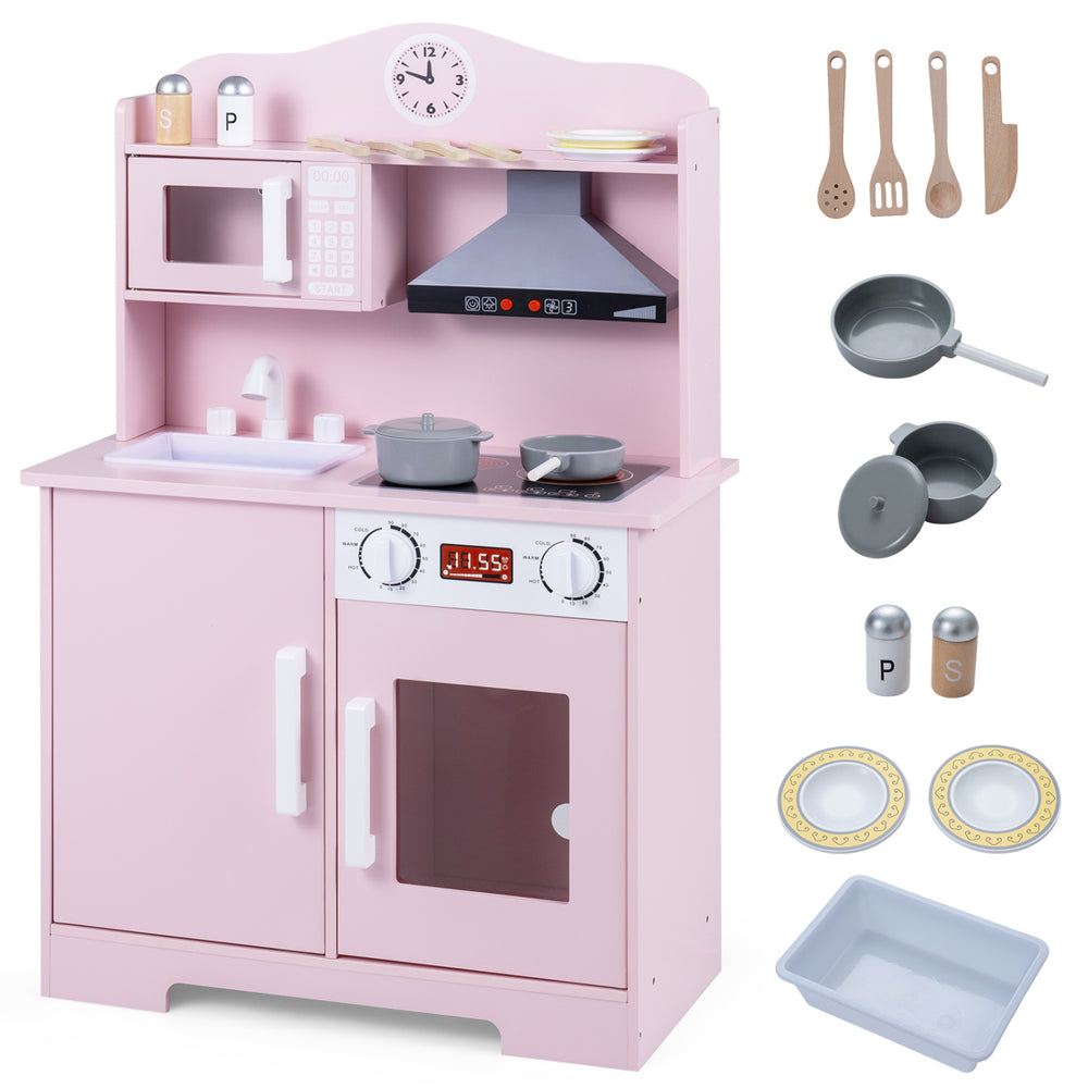 Wooden pink play kitchen set with range hood, microwave, and cookware accessories for realistic pretend cooking fun.